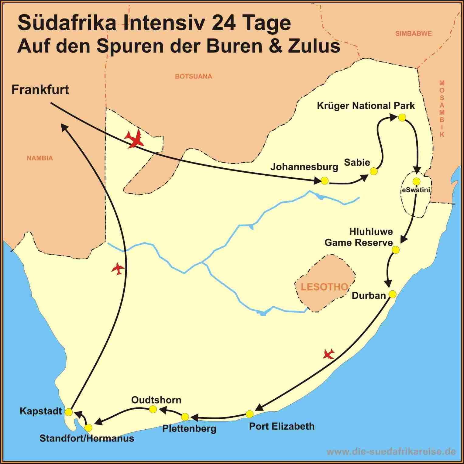 Reiseroute der Südafrika Studienreise